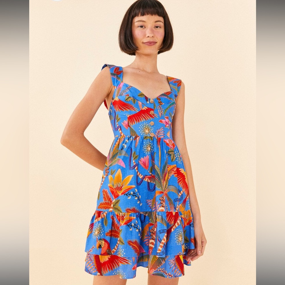 FARM RIO Blue Macaw Party Mini Dress, M NWOT